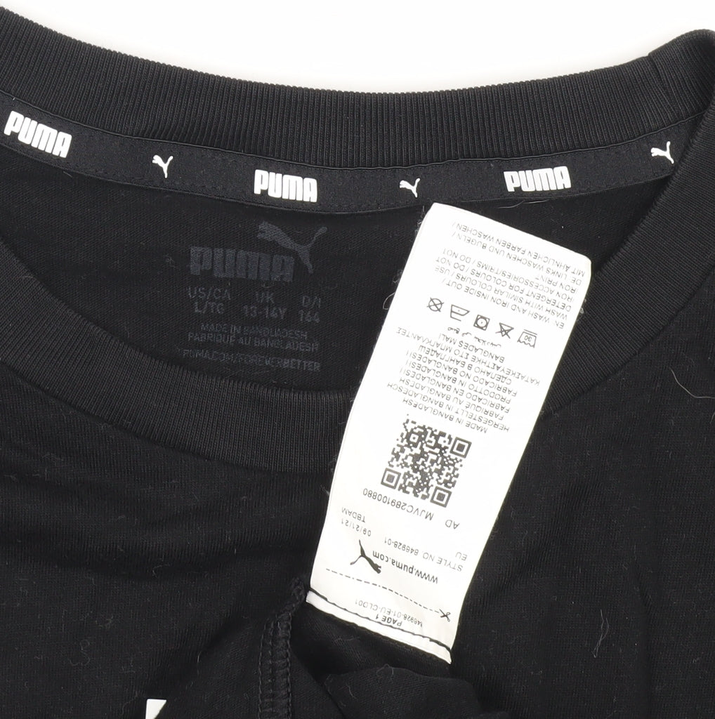 Puma Boys Black T-Shirt, Crew Neck, Logo, Size 13-14 Years