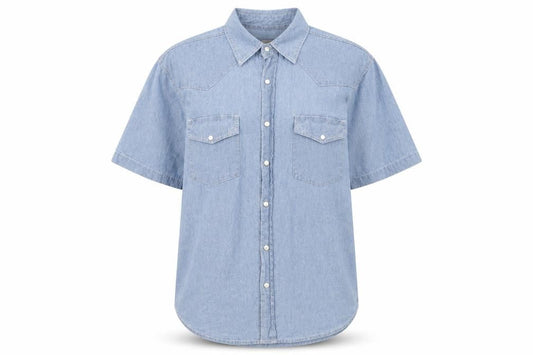 Front view of Sandy River Blue Button-Up Shirt, M, Collared, Casual