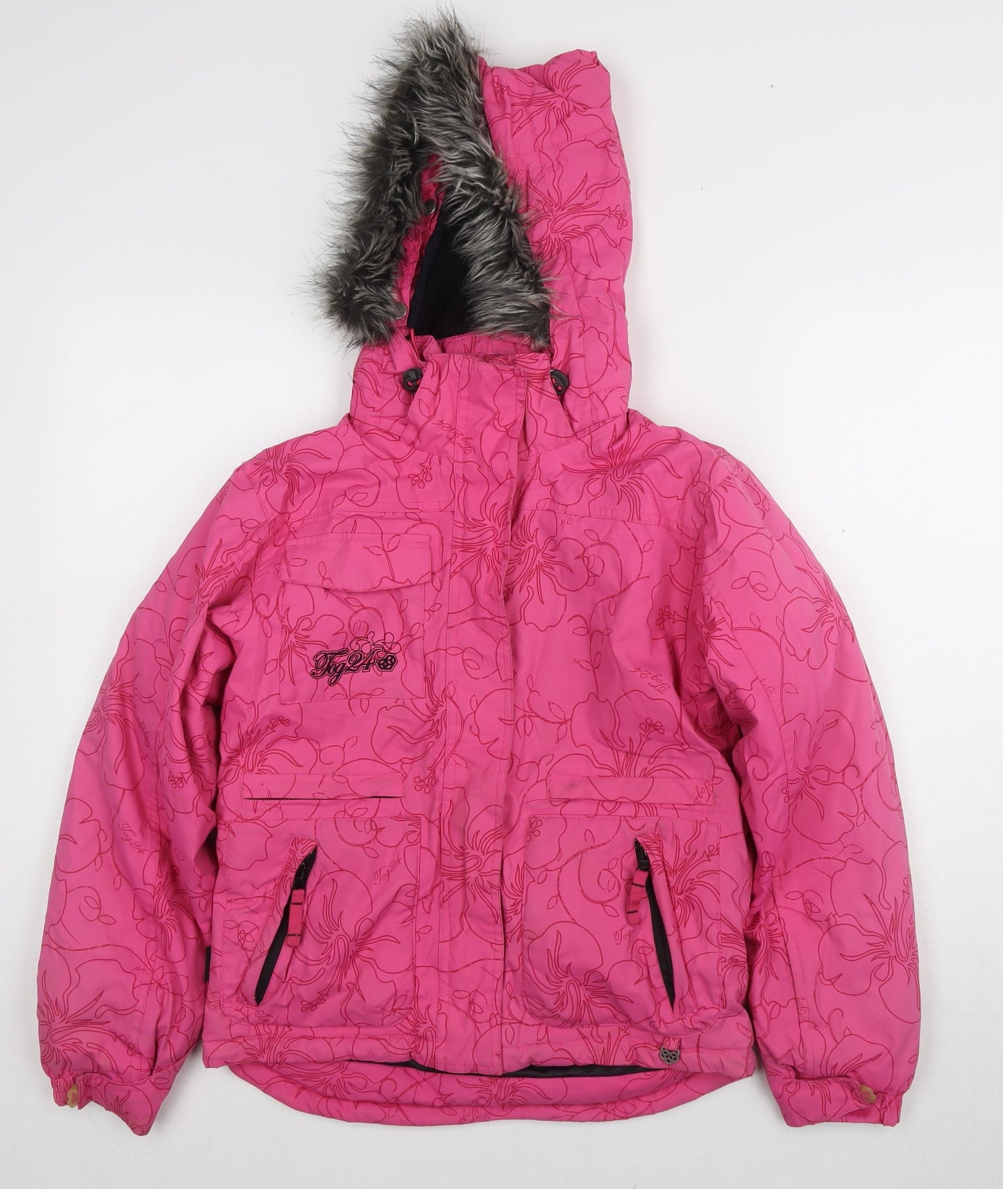 Tog24 Girls Pink Floral Puffer Jacket with Fur Trim