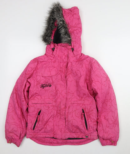 Tog24 Girls Pink Floral Puffer Jacket with Fur Trim