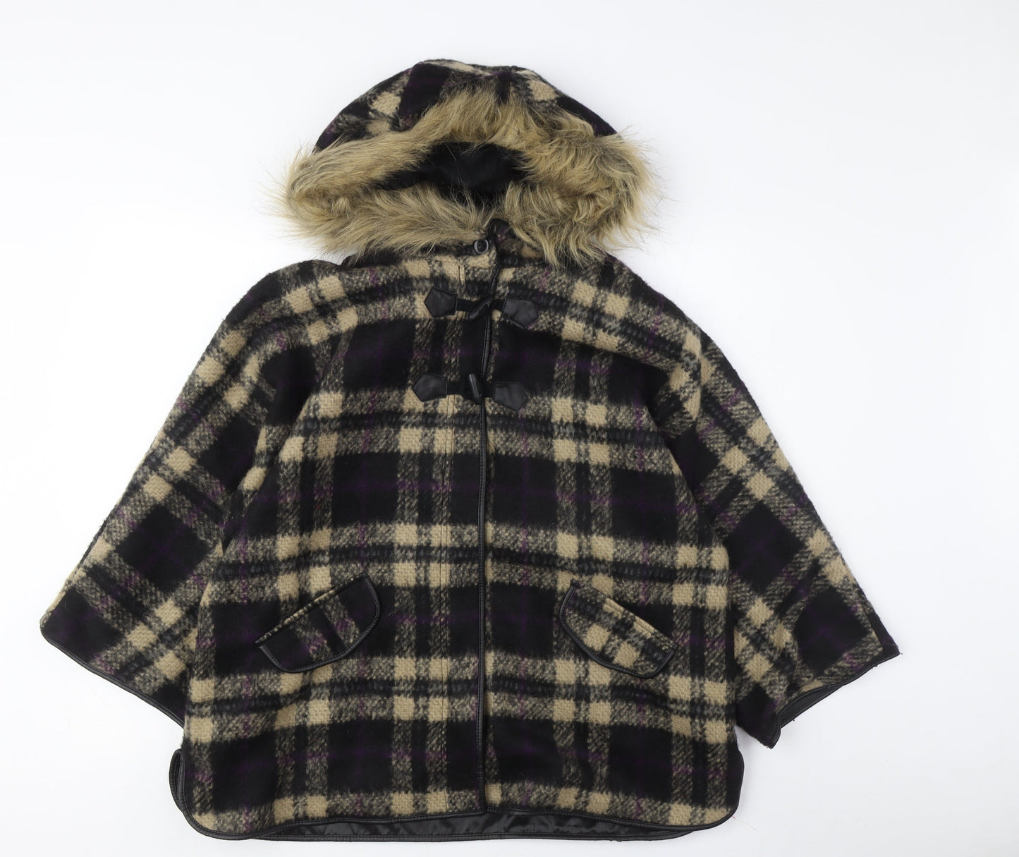 I Heart Next Women's Plaid Wool Hooded Cape, Size 12, Black/Beige