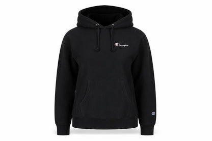 Front view of Champion unisex black pullover hoodie, small, casual style