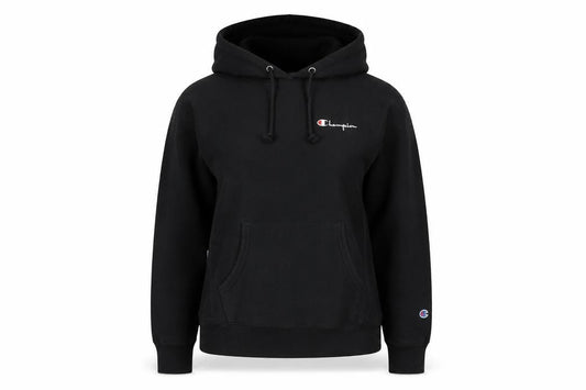 Front view of Champion unisex black pullover hoodie, small, casual style