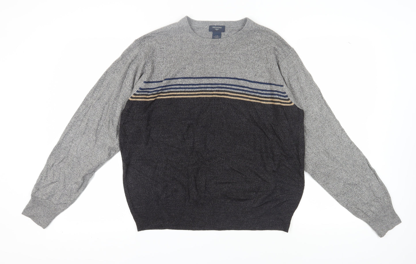 Dockers Men's Grey Striped Pullover Jumper, Size L, Casual Wear