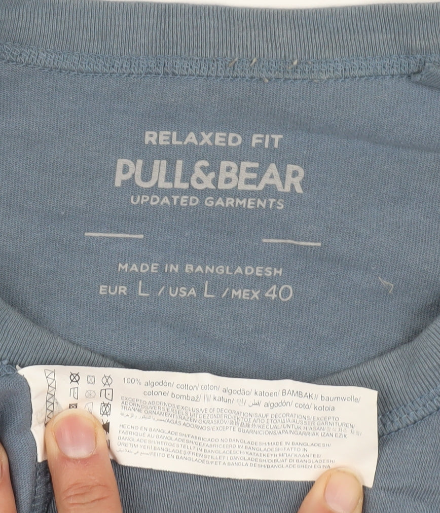 Pull&Bear Men's Blue Relaxed Fit Cotton T-Shirt L