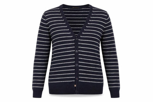 Front view of Scotch and Soda unisex blue striped cardigan s