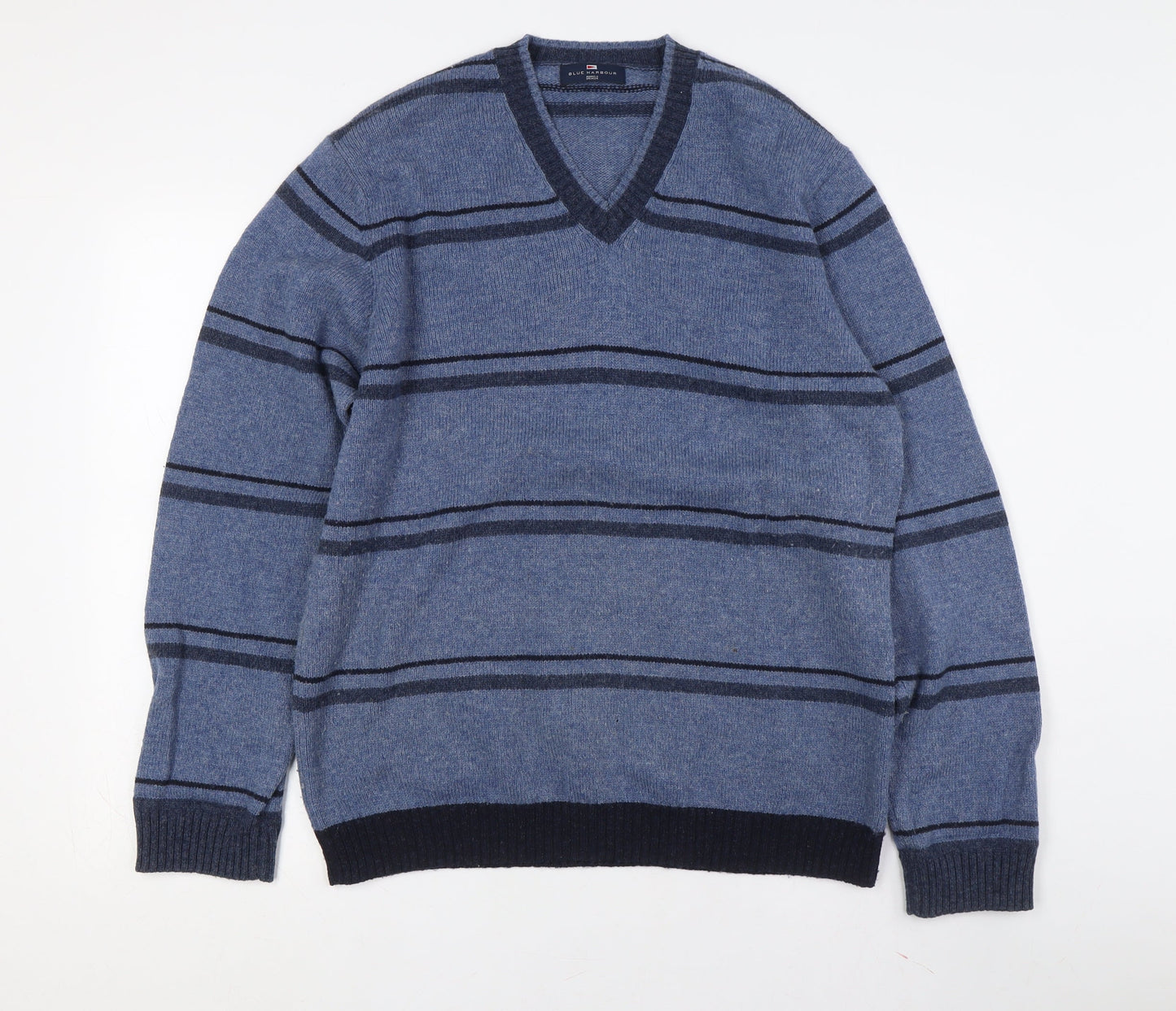Marks and Spencer Men's Blue Striped V-Neck Jumper M