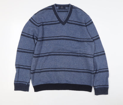 Marks and Spencer Men's Blue Striped V-Neck Jumper M