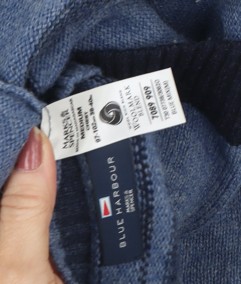 Marks and Spencer Men's Blue Striped V-Neck Jumper M