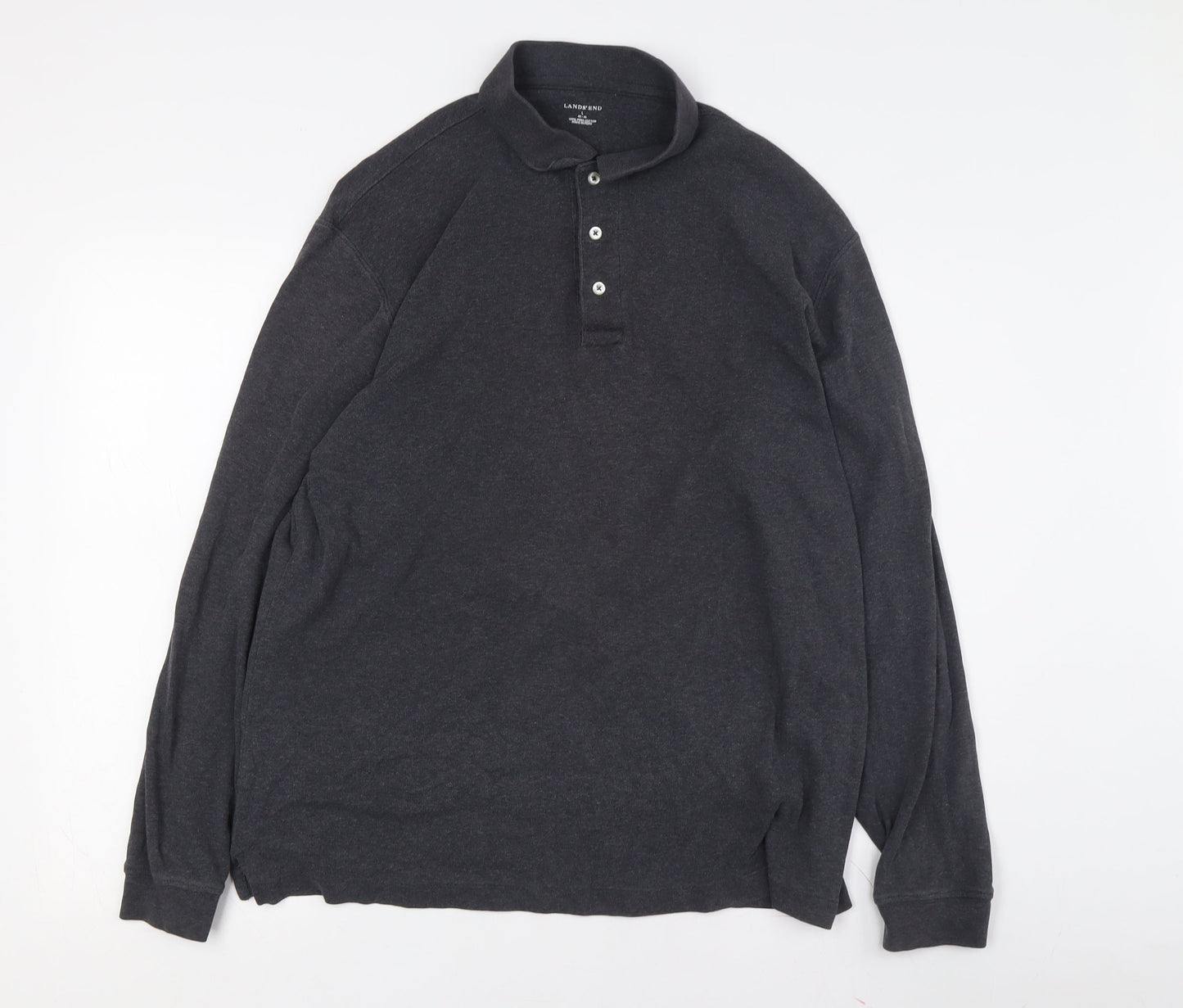 Lands' End Men's Black Long Sleeve Polo - Size L