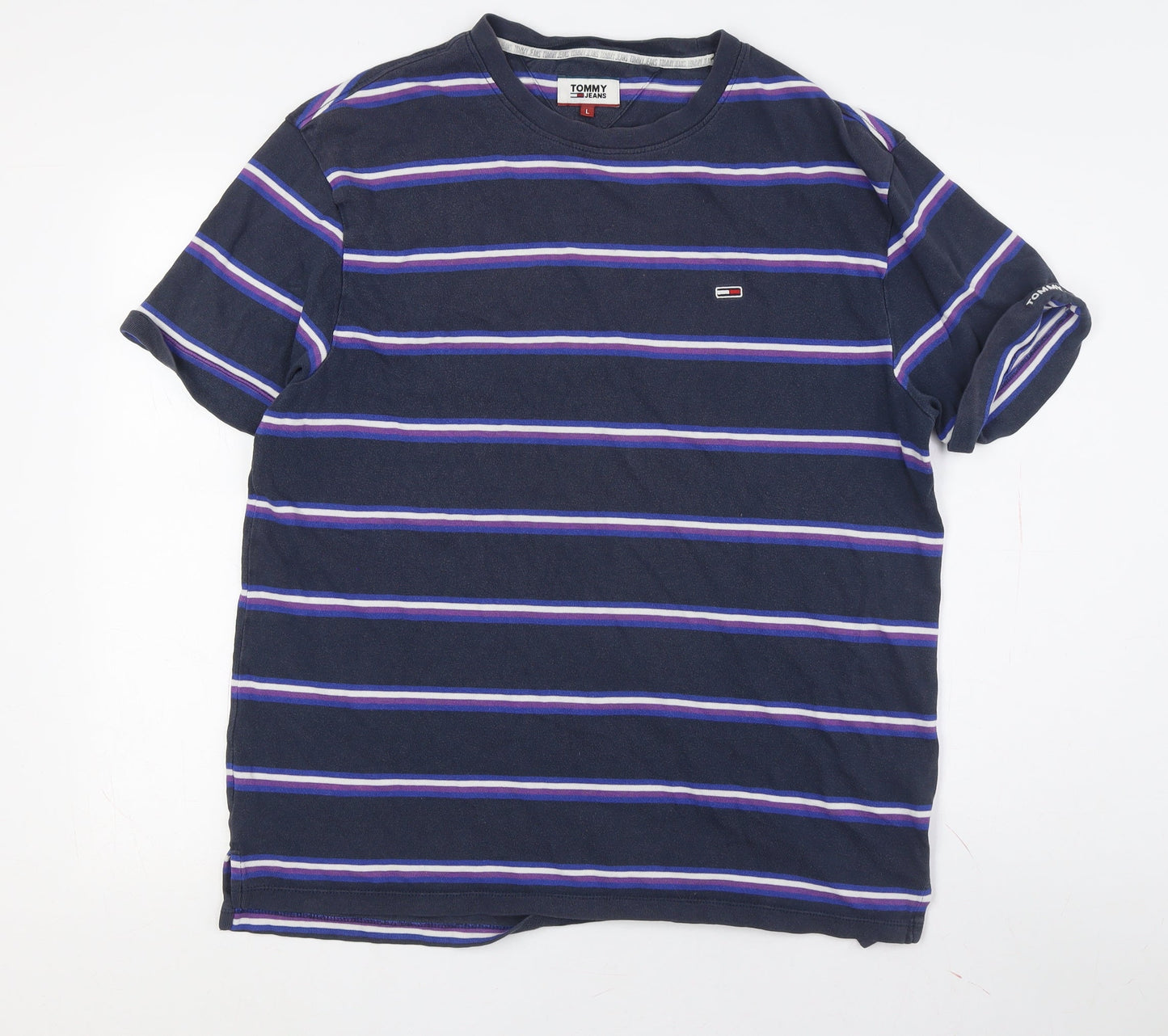 Tommy Jeans Men's Blue Striped Cotton T-Shirt L