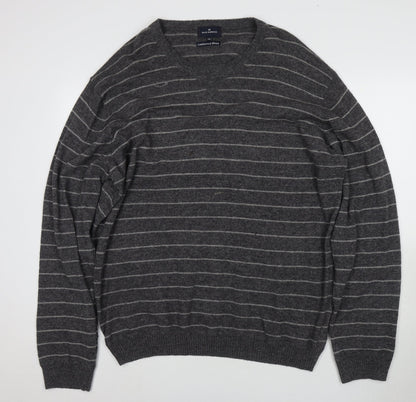 Marks and Spencer Men's Grey Striped V-Neck Jumper XL