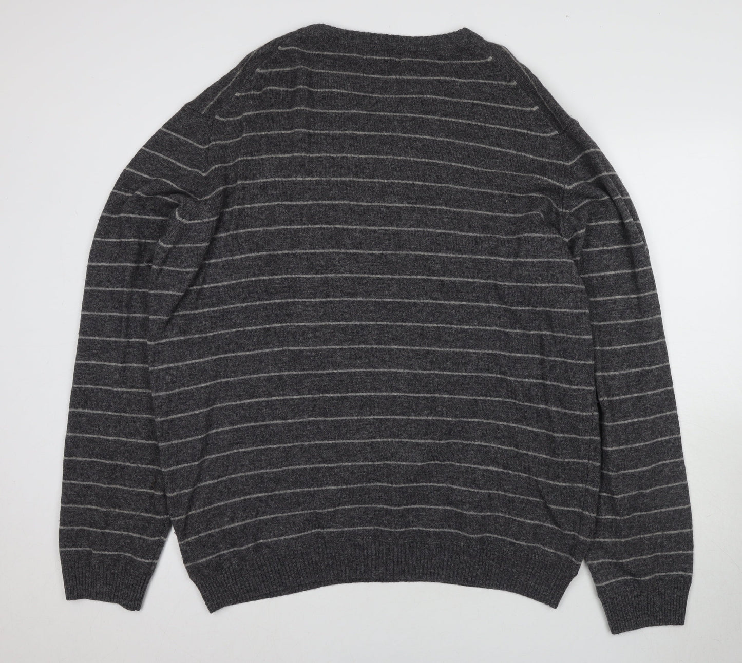 Marks and Spencer Men's Grey Striped V-Neck Jumper XL