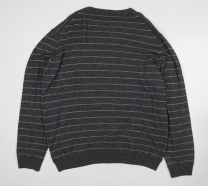 Marks and Spencer Men's Grey Striped V-Neck Jumper XL