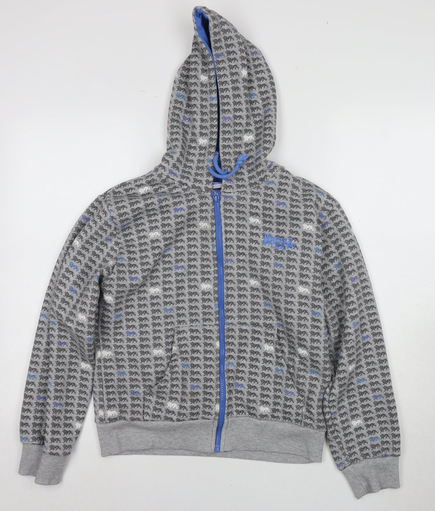 Lonsdale Unisex Grey Blue Full Zip Hoodie Size 12