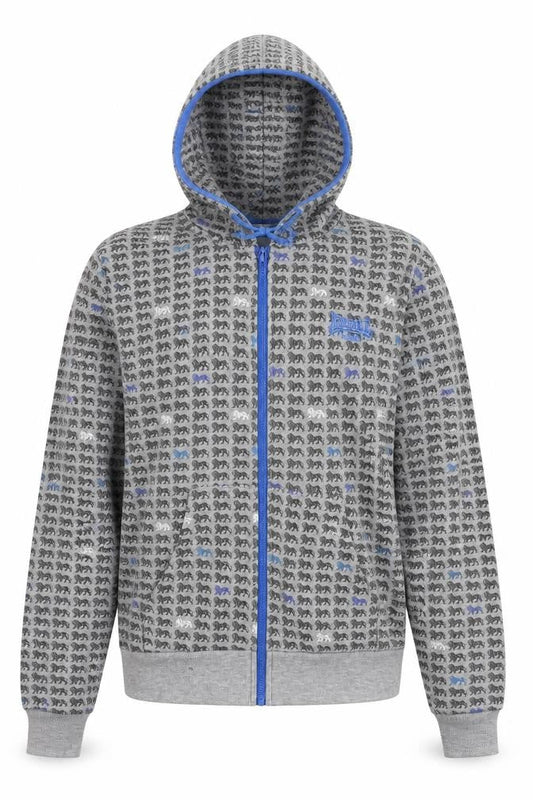 Front view of Lonsdale unisex grey blue full zip hoodie, size 12