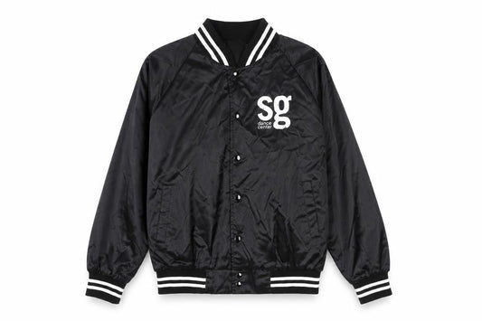 Front view of Augusta unisex black varsity jacket l nylon snap