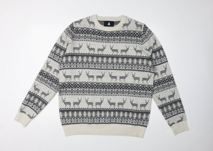 Threadbare Men's Grey Fair Isle Pullover Jumper, Size L