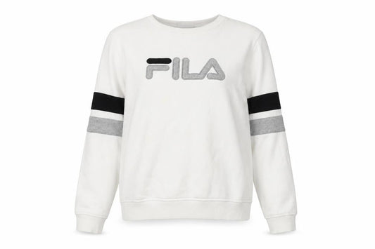 Front view of Fila unisex adults white pullover sweatshirt, size S