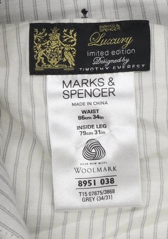 Marks and Spencer Men's Grey Check Trousers Size 34