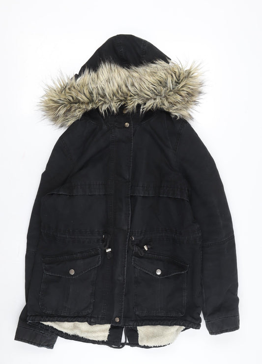 Divided Women's Black Parka Jacket - Size 12, Hooded, Fur Trim