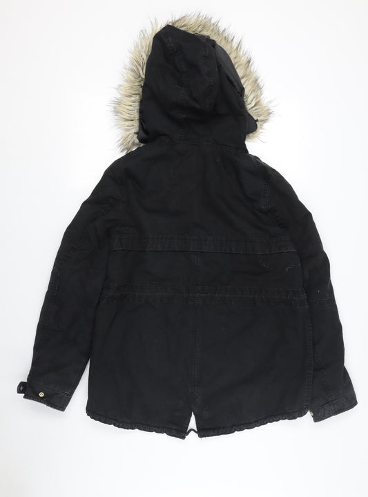 Divided Women's Black Parka Jacket - Size 12, Hooded, Fur Trim
