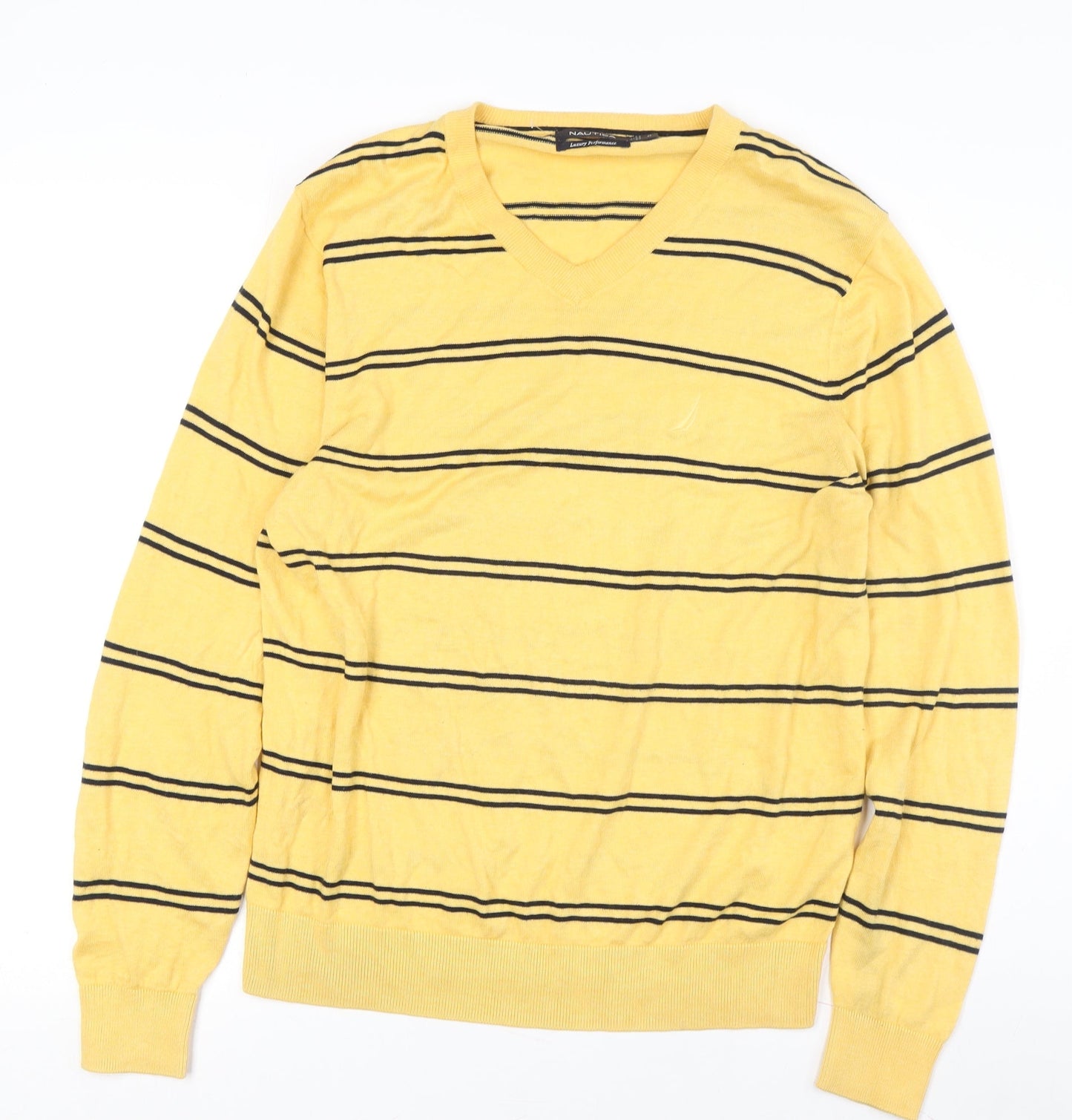 Nautica Men's Yellow V-Neck Striped Pullover Jumper M