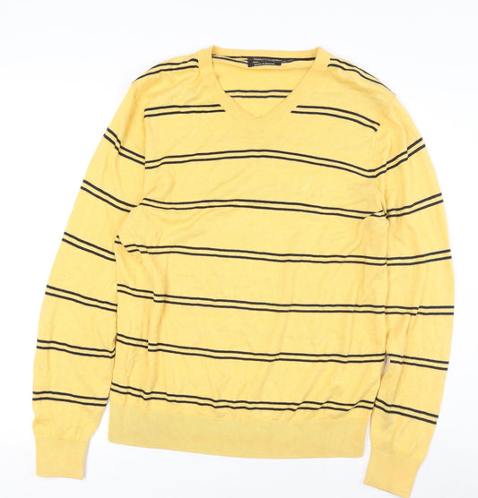 Nautica Men's Yellow V-Neck Striped Pullover Jumper M