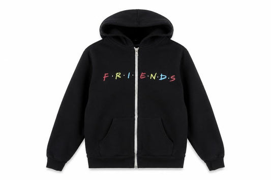 Front view of Gildan Friends Black unisex hoodie, size S, full zip