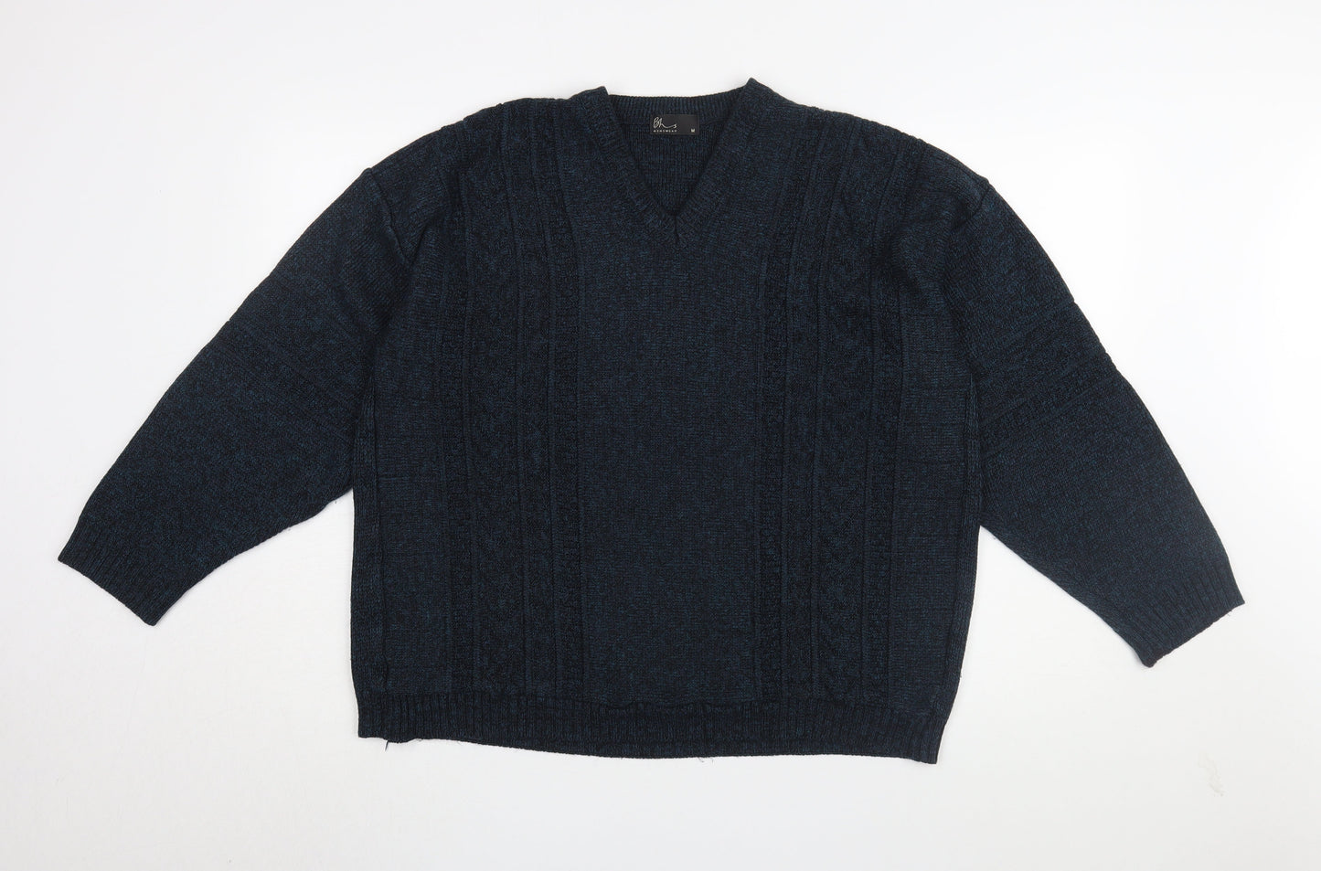 BHS Men's Black Medium Cable-Knit V-Neck Jumper