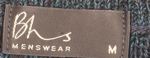 BHS Men's Black Medium Cable-Knit V-Neck Jumper