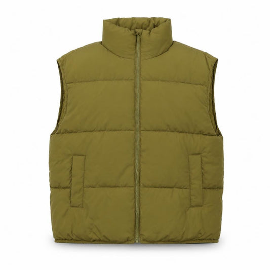 Front view of H&M unisex green puffer jacket, size M, full zip