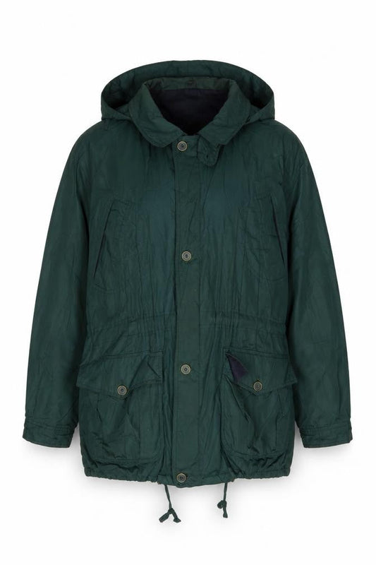 Front view of Casual Club Men's Green Parka Jacket L Hooded Outdoor