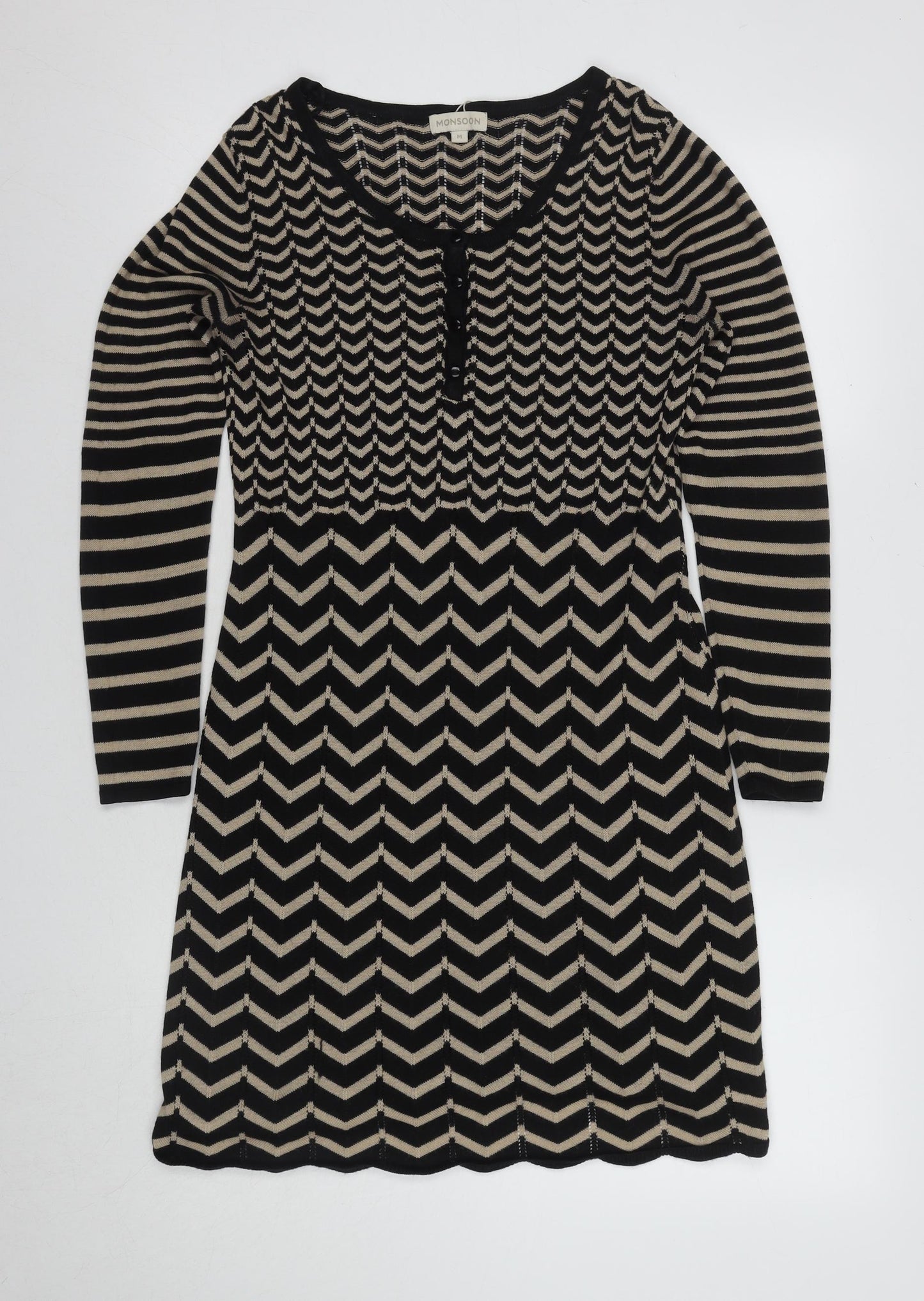 Monsoon Women's Chevron Shift Dress Black Beige M