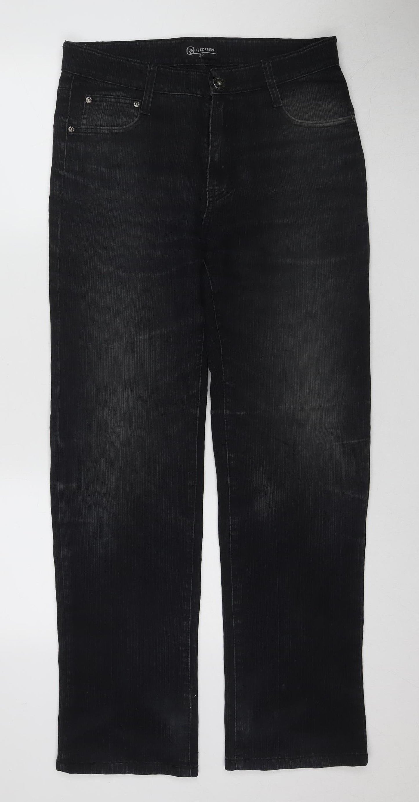 Qizhen Women's Black Jeans Size 29 with Button Accents
