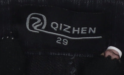 Qizhen Women's Black Jeans Size 29 with Button Accents