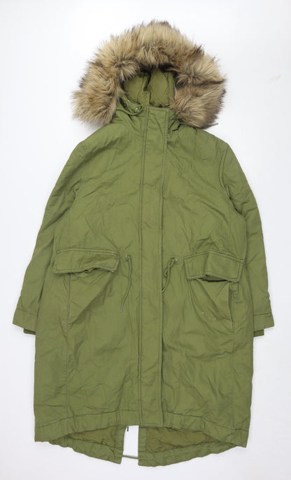 H&M Women's Green Parka Coat Size S Hooded Fur Trim