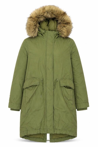H&M Women's Green Parka Coat Size S Hooded Fur Trim
