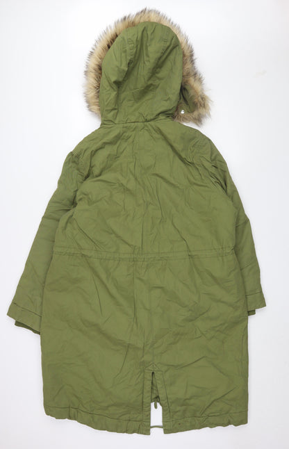H&M Women's Green Parka Coat Size S Hooded Fur Trim