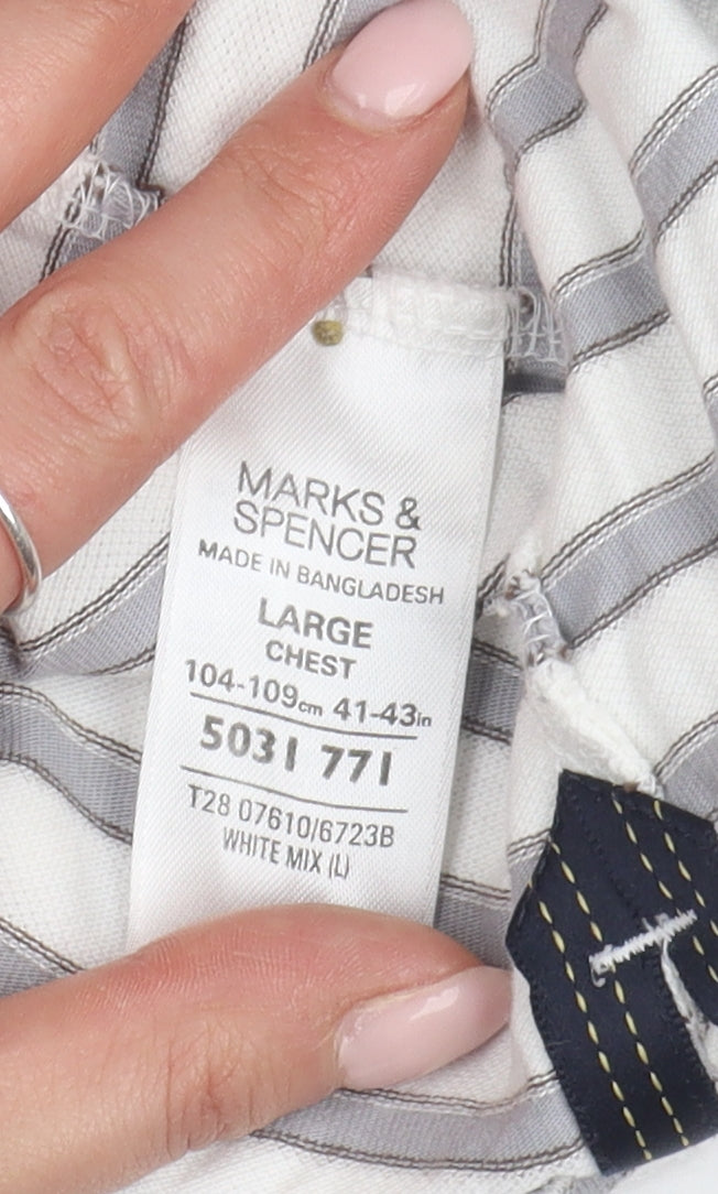 Marks and Spencer Men's White Striped Polo L