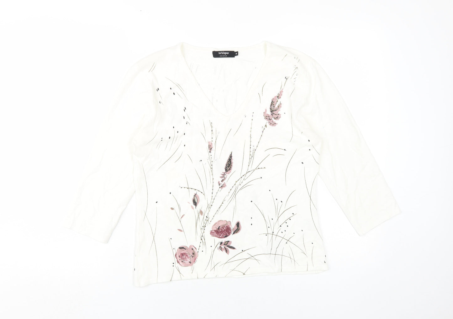 Whisper Women's White Floral Blouse M V-Neck
