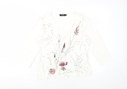 Whisper Women's White Floral Blouse M V-Neck
