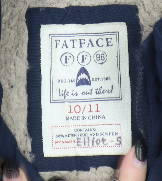 FatFace Boys Blue Bomber Jacket, 10-11 Years, Hooded Winter Coat