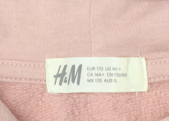 H&M Girls Pink Full Zip Hoodie, Size 14 Years, Embroidered