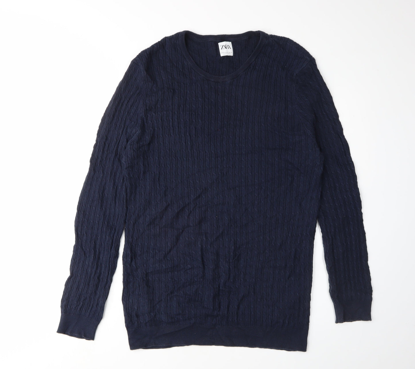 Zara Men's Blue Cotton Cable-Knit Pullover XL