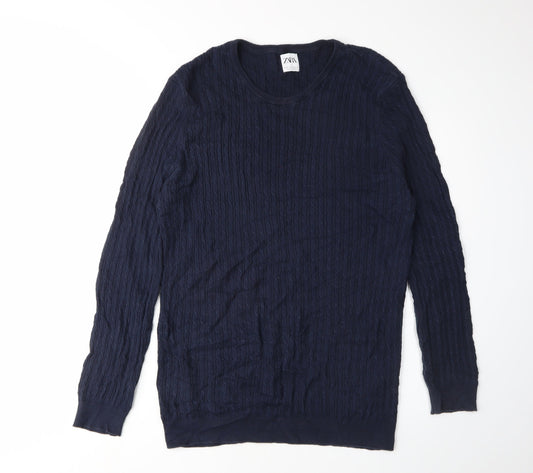 Zara Men's Blue Cotton Cable-Knit Pullover XL