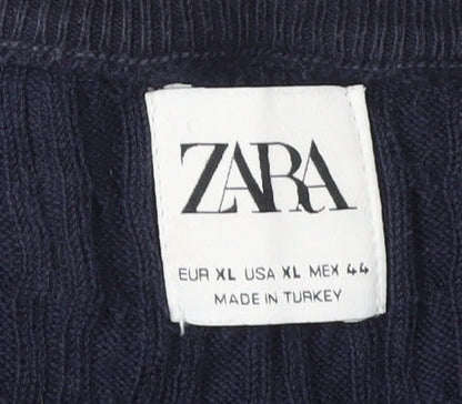 Zara Men's Blue Cotton Cable-Knit Pullover XL