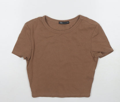 Womens UK Size 6 Zara Brown Basic T-Shirt