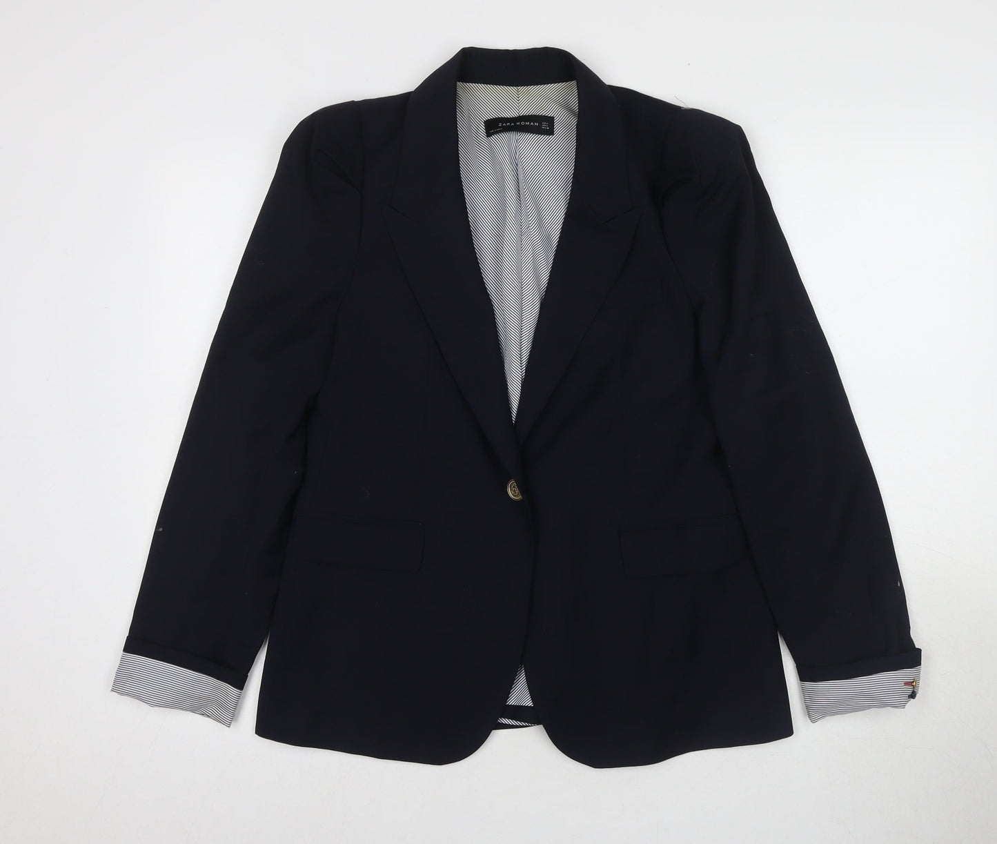 Zara Women's Pinstripe Black Blazer L, Wool, Notch Lapel