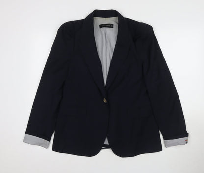 Zara Women's Pinstripe Black Blazer L, Wool, Notch Lapel